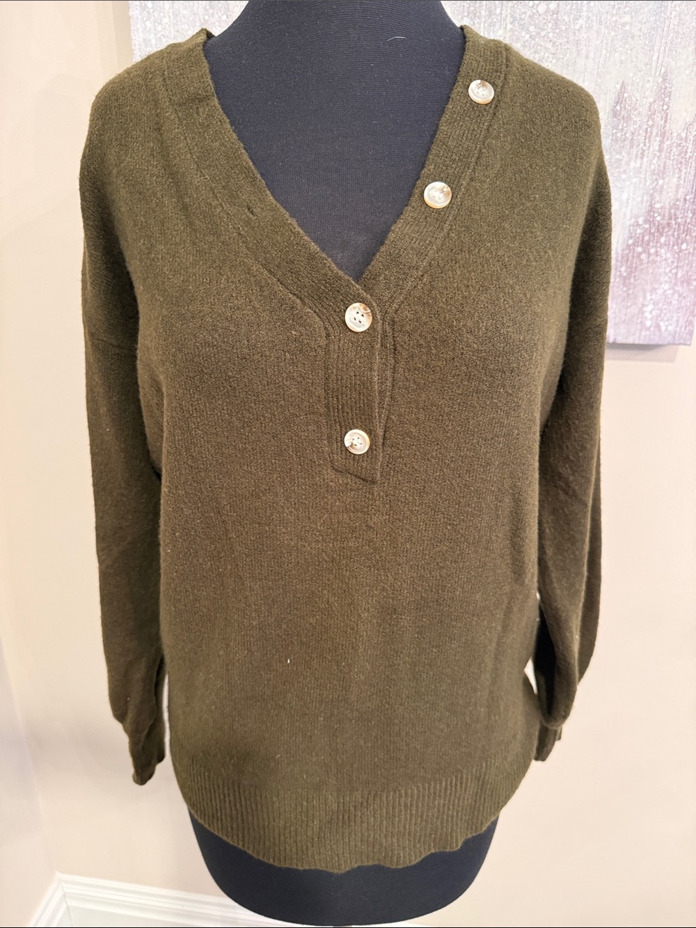 Deep Olive Green V-Neck Button Sweater size small